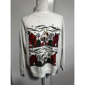 Turtle Bay‎ Vintage Halloween Graphic Sweatshirt Cream Houses Ghosts Spooky